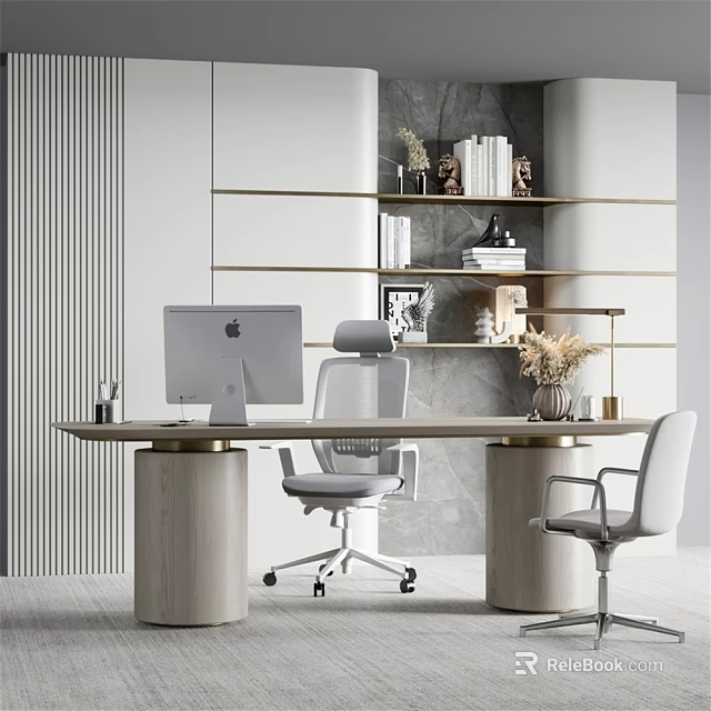 Modern Desk And Chair Set With Wooden Tabletop Cylindrical Legs Gray Office Chair And Bookshelves 3d model 