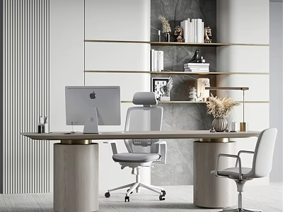 Modern Desk And Chair Set With Wooden Tabletop Cylindrical Legs Gray Office Chair And Bookshelves 3d model
