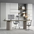 Modern Desk And Chair Set With Wooden Tabletop Cylindrical Legs Gray Office Chair And Bookshelves