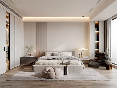 Modern Minimalistic Bedroom Interior With King Bed Striped Wall Bedside Lamps Wardrobe And Soft Rug 3d model