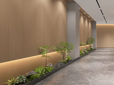 Modern Office Corridor With Wooden Walls Gray Floor Green Plants Stones And Soft Lighting 3d model