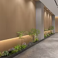 Modern Office Corridor With Wooden Walls Gray Floor Green Plants Stones And Soft Lighting