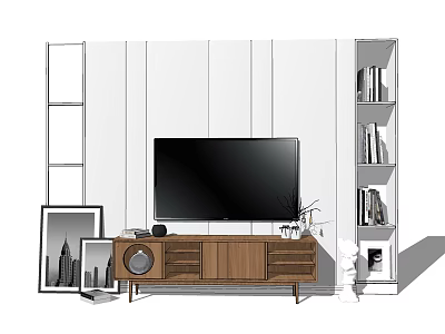 Modern Wooden TV Stand With Flat Screen TV And Side Bookshelves On White Wall 3d model