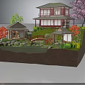 Ancient Traditional Garden With Japanese Style Houses Pond Stone Bridge Cherry Blossom Tree And Greenery