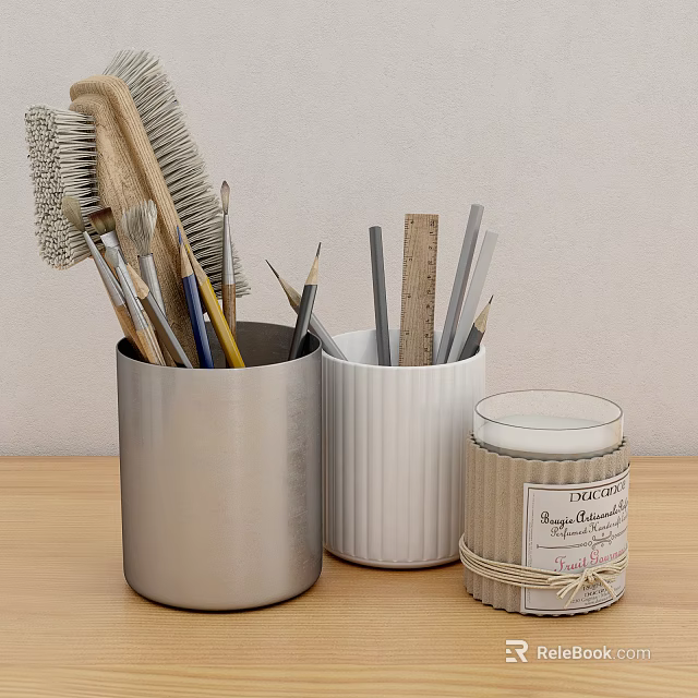 Silver And White Desk Organizers With Stationery Tools And Scented Candle 3d model 