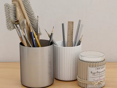 Silver And White Desk Organizers With Stationery Tools And Scented Candle 3d model