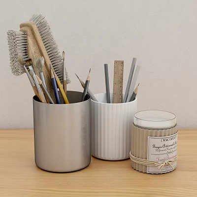 Silver And White Desk Organizers With Stationery Tools And Scented Candle 3d model