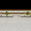 Modern Commercial Street Building With Beige Brown Exterior Large Glass Windows Green Trees Paved Square