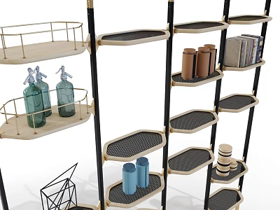 Modern Multi Tiered Bookshelf With Metal Frame Wooden Shelves Decorative Bottles Books And Blue Cups 3d model