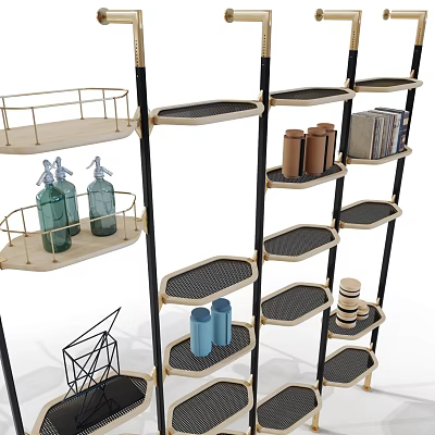 Modern Multi Tiered Bookshelf With Metal Frame Wooden Shelves Decorative Bottles Books And Blue Cups 3d model