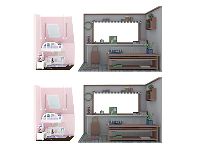 Pink And Gray Kids Bedroom Interior With Bed Bookshelf Plant And Mirror 3d model