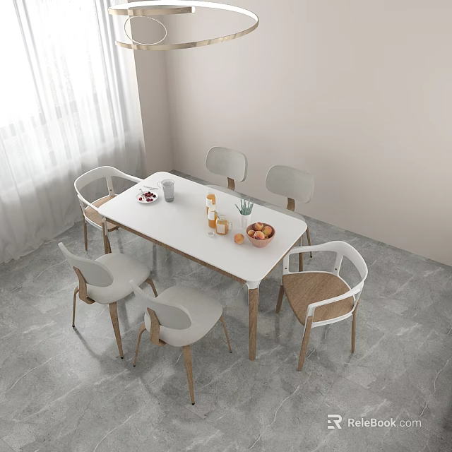 Modern White Dining Table Set With Six White And Wooden Chairs And Fruits On Top 3d model 