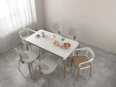 Modern White Dining Table Set With Six White And Wooden Chairs And Fruits On Top 3d model