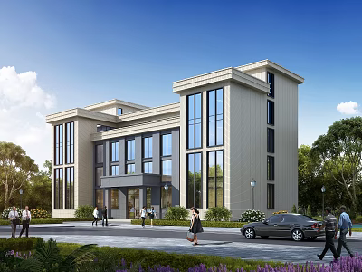 Aerial View Planning Of Modern Multi Story Building With Landscaping Pedestrians And Vehicles 3d model