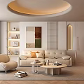 Modern Living Room Interior With Curved Ceiling Light TV Wall Shelves And Round Coffee Table
