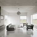 Modern Living Room Interior With Gray Sofa Black Armchairs Fireplace And Scenic View