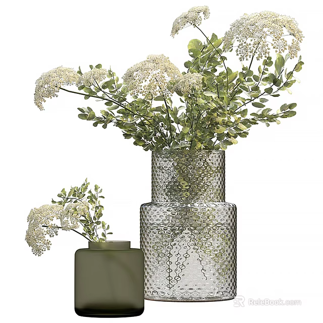 Elegant Transparent Mesh Vase With White Flowers And Green Leaves For Home Decor 3d model 
