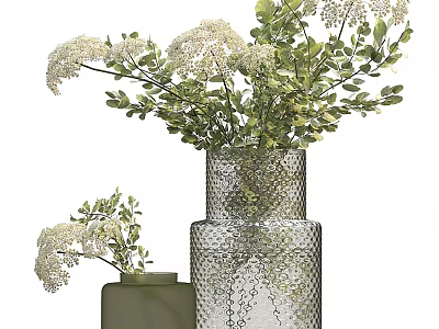 Elegant Transparent Mesh Vase With White Flowers And Green Leaves For Home Decor 3d model