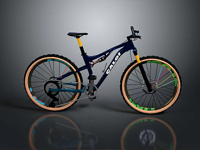 Dark Blue GULLS Mountain Bike With Colorful Spokes Brown Rims And Yellow Accents 3d model