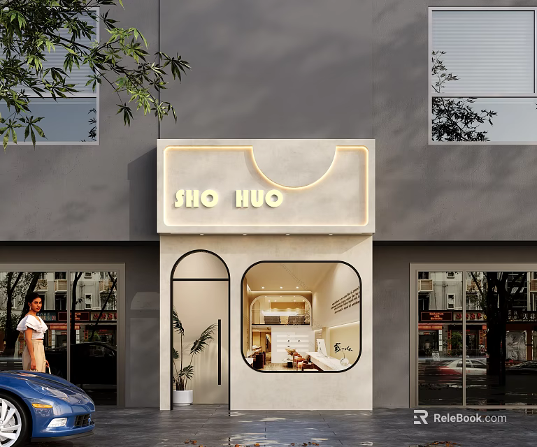 Modern Storefront Design With Custom Signage Arched Windows Soft Lighting And Potted Plant 3d model 