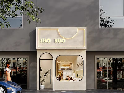 Modern Storefront Design With Custom Signage Arched Windows Soft Lighting And Potted Plant 3d model