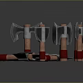 Various Axes with Red Wooden Handles and Metal Heads Arranged on Gray Background with Reflections