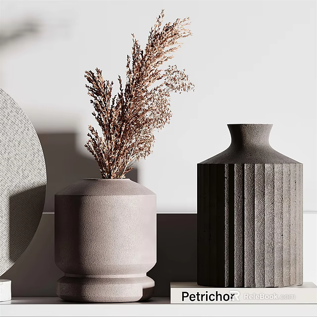 Light Gray Matte Vase With Dried Flowers And Dark Gray Ribbed Vase In Minimalist Decor 3d model 