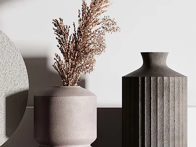 Light Gray Matte Vase With Dried Flowers And Dark Gray Ribbed Vase In Minimalist Decor 3d model