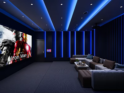 Home Theater Interior With Large Movie Screen Blue Ambient Lighting Comfortable Sofas And Seating Area 3d model