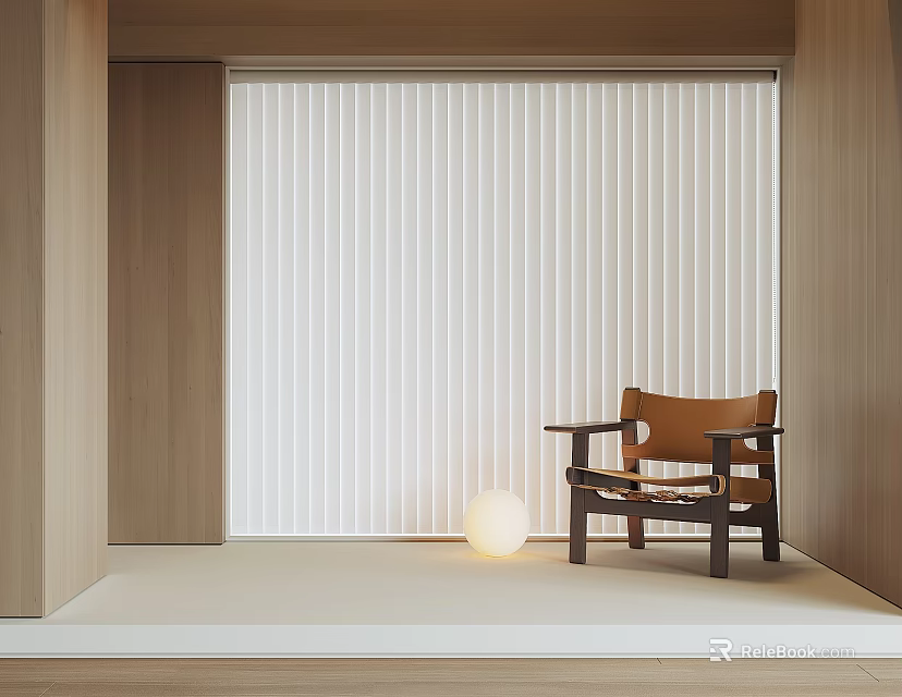 White Vertical Blinds In Modern Interior With Wooden Chair And Round Lamp 3d model 