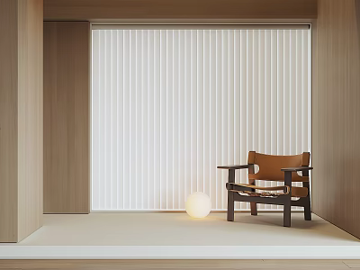 White Vertical Blinds In Modern Interior With Wooden Chair And Round Lamp 3d model