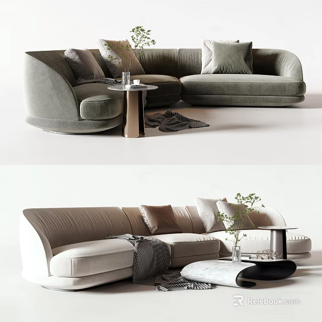 Modern Sectional Sofa with Beige Green Upholstery Pillows Side Table and Plant 3d model 