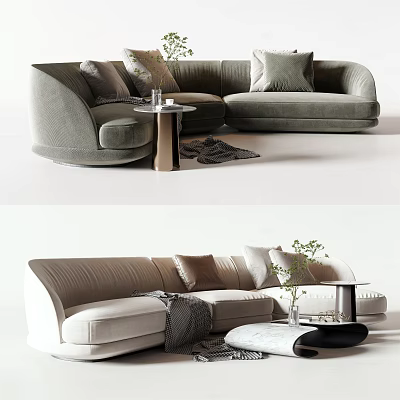 Modern Sectional Sofa with Beige Green Upholstery Pillows Side Table and Plant 3d model