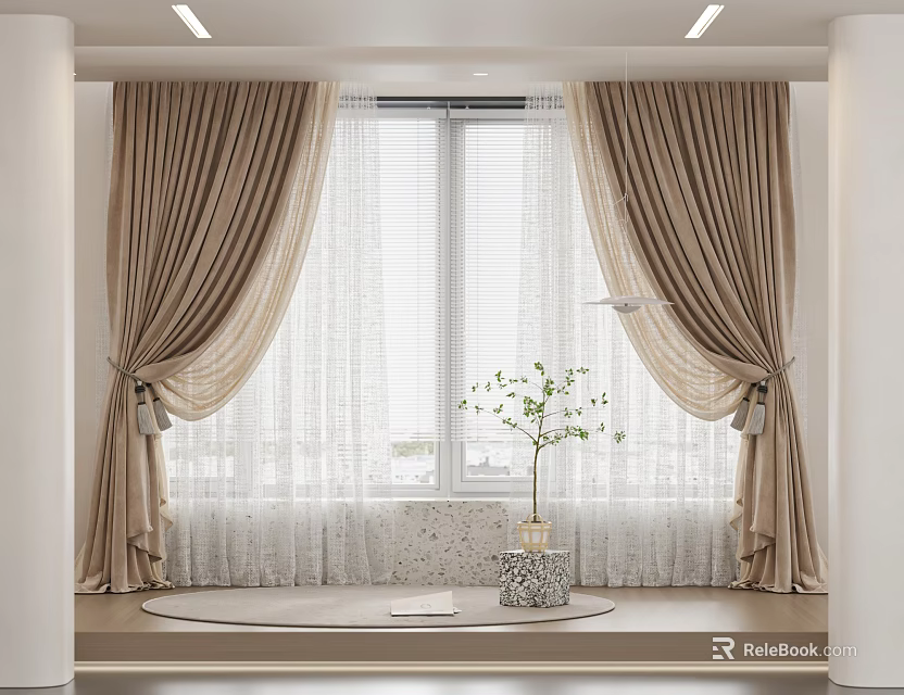 Beige Curtains With White Sheer Layers For Window In Indoor Living Space 3d model 
