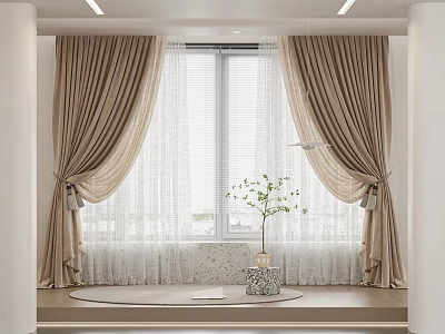 Beige Curtains With White Sheer Layers For Window In Indoor Living Space 3d model