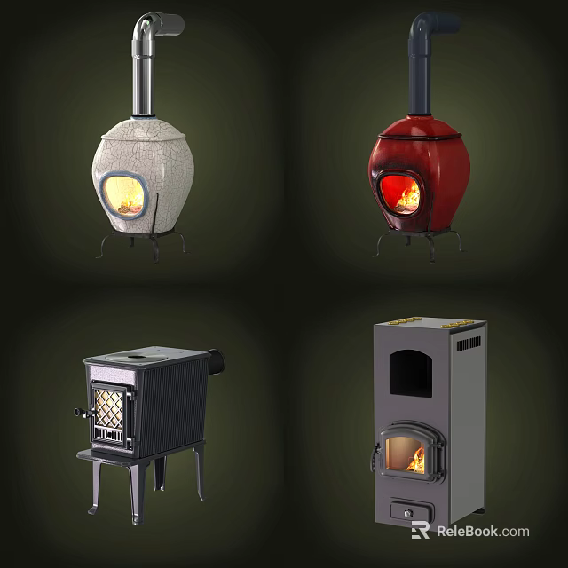 Various Designed Home Stoves In Different Colors With Burning Flames 3d model 