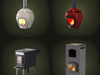 Various Designed Home Stoves In Different Colors With Burning Flames 3d model