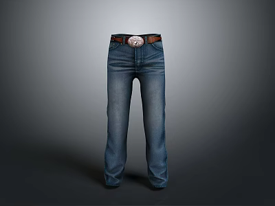Classic Blue Denim Jeans With Straight Leg Fit And Metal Belt Buckle For Daily Wear 3d model