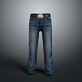 Classic Blue Denim Jeans With Straight Leg Fit And Metal Belt Buckle For Daily Wear