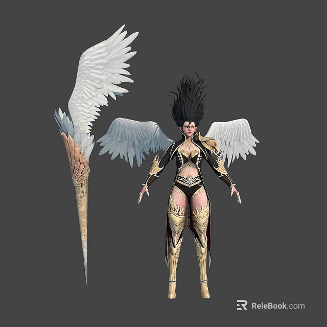 Mythical Female Character With White Wings Gold Black Outfit And Feathered Dragon Tail Creature 3d model 