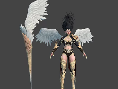 Mythical Female Character With White Wings Gold Black Outfit And Feathered Dragon Tail Creature 3d model