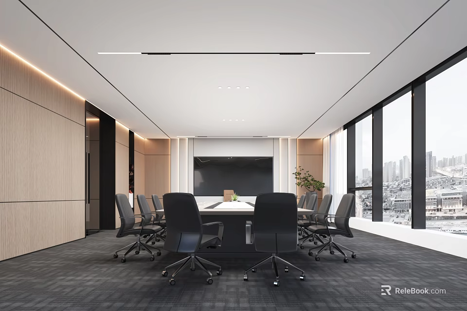 Modern Conference Room Interior With Large Windows City View Meeting Table Black Office Chairs 3d model 