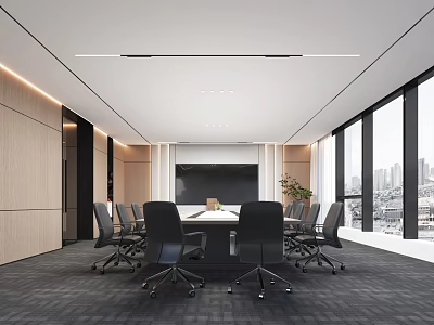 Modern Conference Room Interior With Large Windows City View Meeting Table Black Office Chairs 3d model