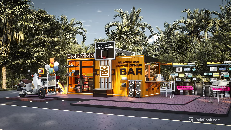 Container Building Brewery Bar In Outdoor Setting With Palm Trees Balloons And Tables Chairs 3d model 