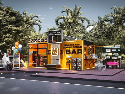 Container Building Brewery Bar In Outdoor Setting With Palm Trees Balloons And Tables Chairs 3d model