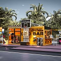 Container Building Brewery Bar In Outdoor Setting With Palm Trees Balloons And Tables Chairs
