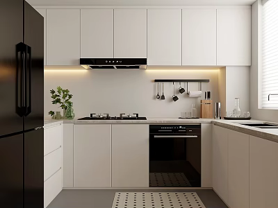 Modern Kitchen Interior With White Cabinets Black Appliances Green Plant And Hanging Utensils 3d model