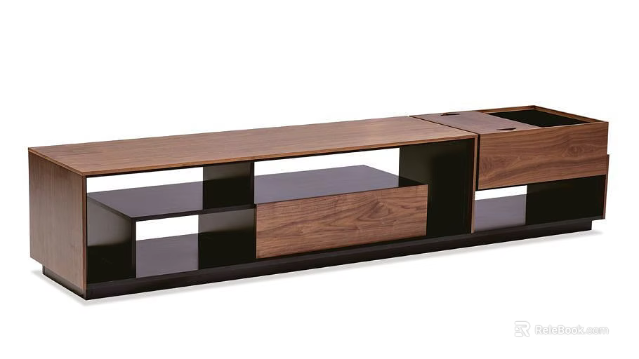 Contemporary Walnut Wood TV Stand With Open Shelves And Storage Drawers 3d model 