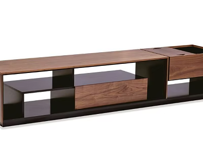 Contemporary Walnut Wood TV Stand With Open Shelves And Storage Drawers 3d model