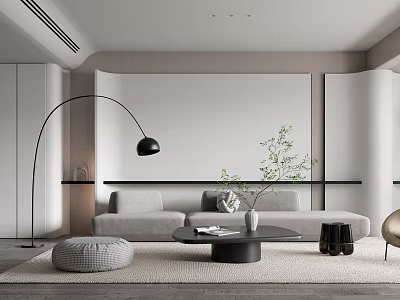 Modern Living Room Interior With Gray Sofa Black Floor Lamp Round Coffee Table And Pouf 3d model